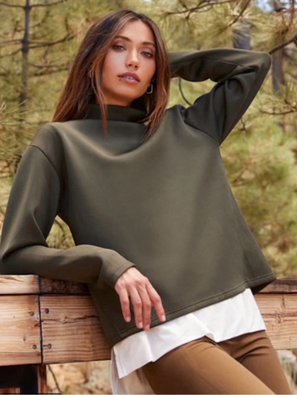 ADAY Like A Boss Olive Recycled Scuba Mock Neck Top Sweatshirt Quiet Luxury Sz M
